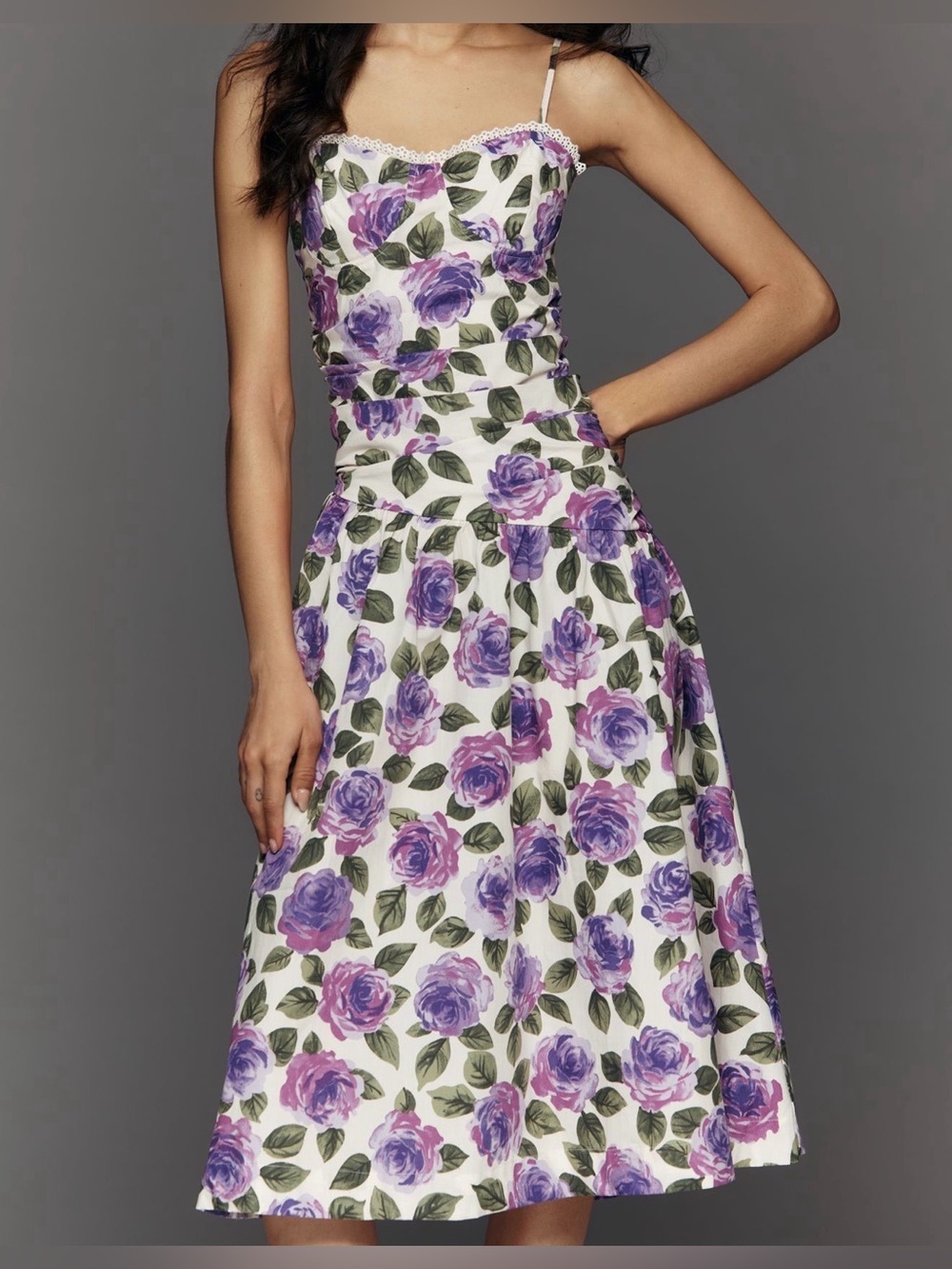 Anthropologie Lavender Rose-Print Spaghetti-Strap Midi Dress